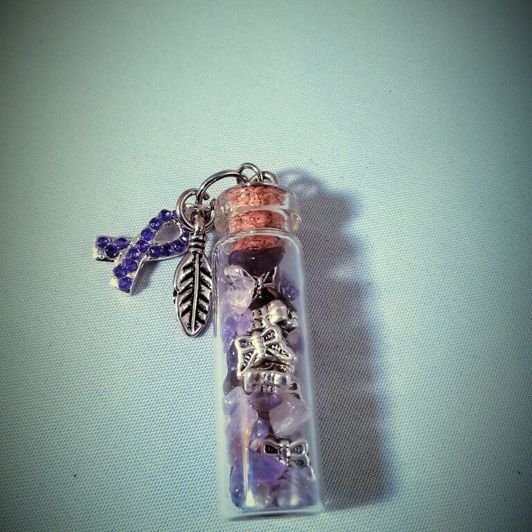 AMYTHIST CRYSTALS, BUTTERFLY CHARMS, PURPLE AWARENESS RIBBON CHARM, FEATHER CHARM BOTTLE NECKLACE