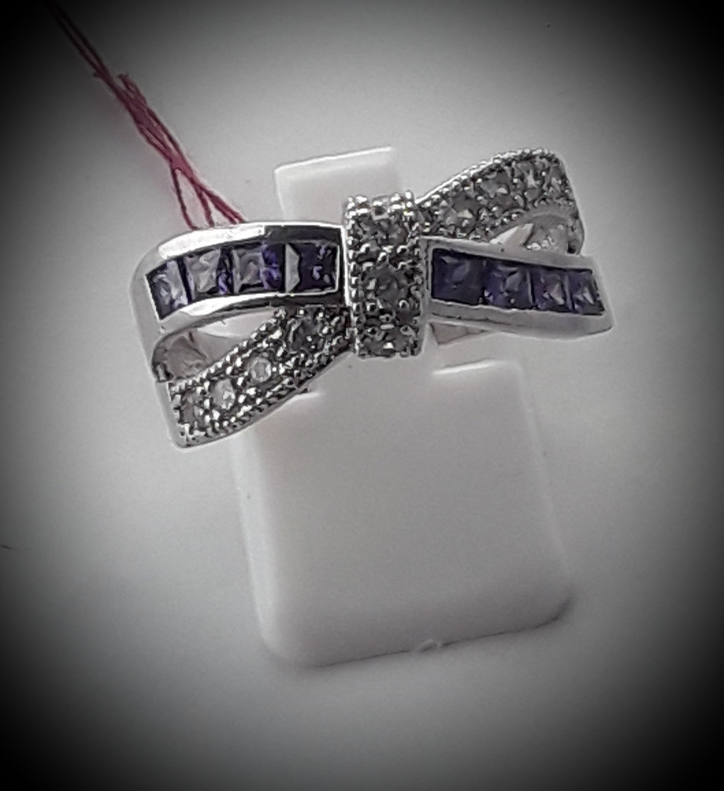 Amythest and rhinestone bow ring