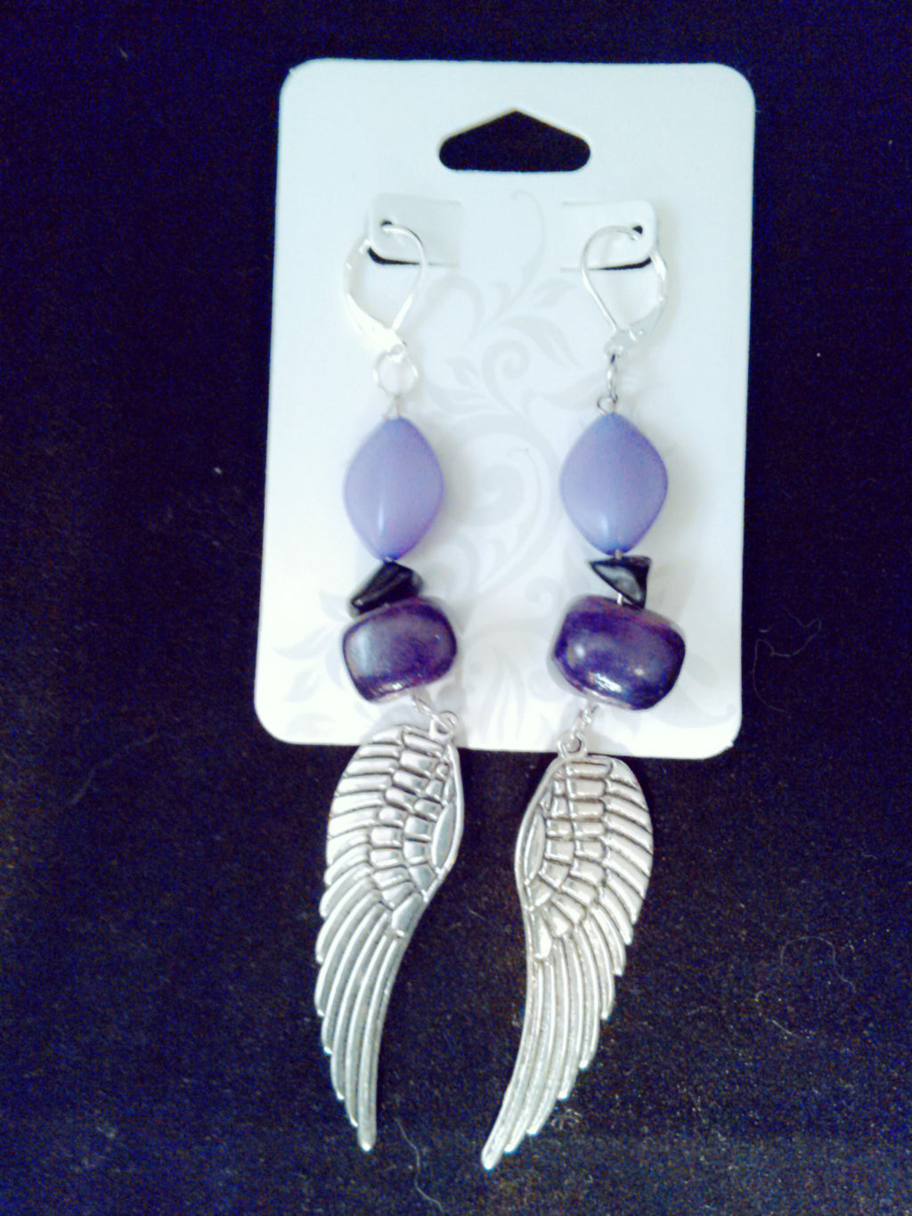 Purple angel wings earrings with black tourmaline