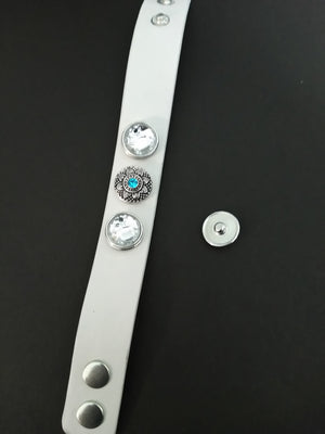 White PU Leather bracelet with 3 18mm removable snaps, rhinestone USA snap, with 2 red