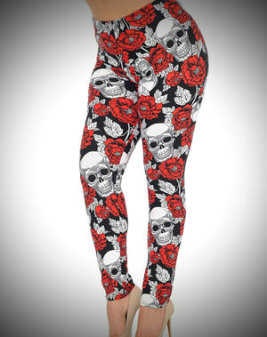 Buttercream soft leggings red roses w black and white skulls